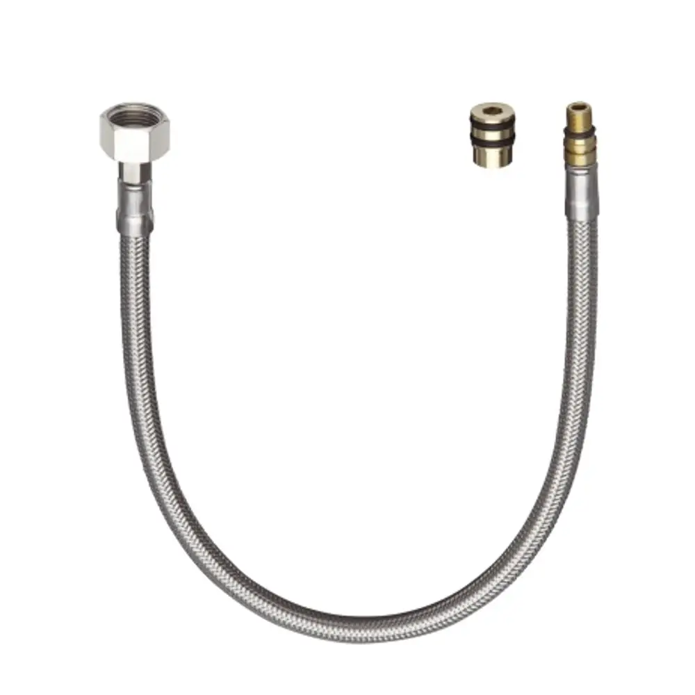 Flexibler Anschlussschlauch aus Edelstahl mit einem Anschlussstück und zwei anderen Verbindungsteilen, geeignet für Wasserversorgungsanlagen von Hansgrohe.